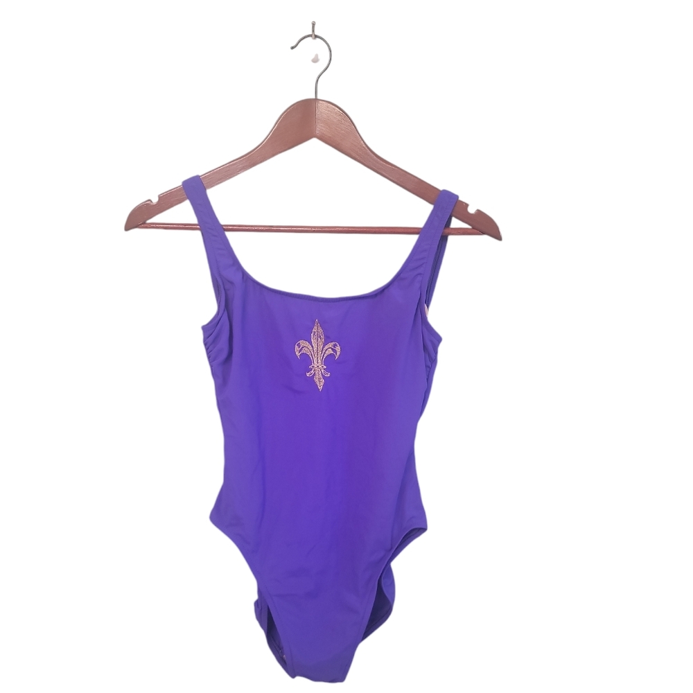 Vintage Sirena Rare 70s Embroidered Purple Gold One Piece Swimsuit Size 10